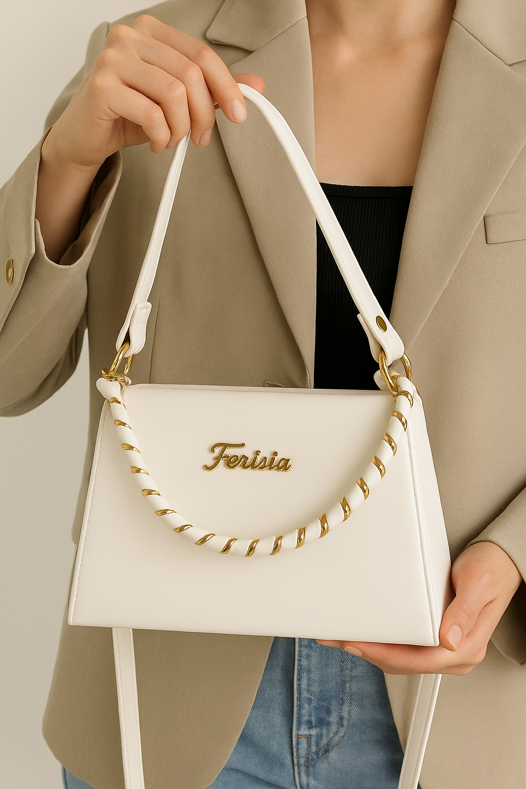 Ferisia Luxe Arc Handbag – Pearl White Edition