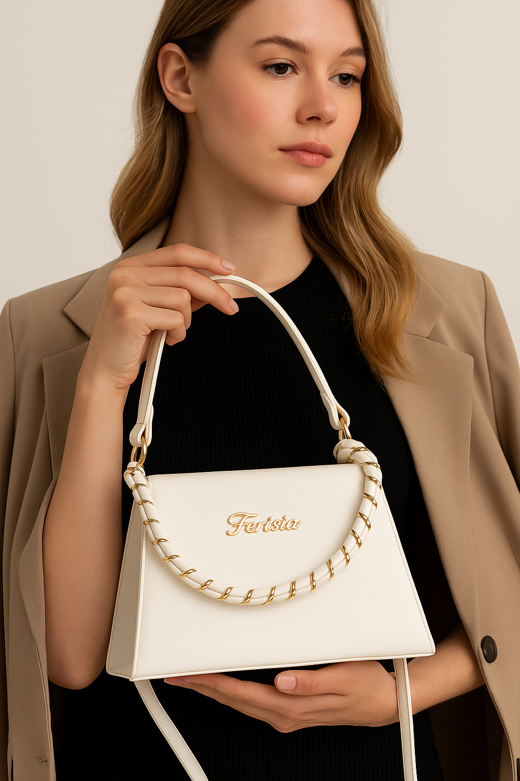 Ferisia Luxe Arc Handbag – Pearl White Edition