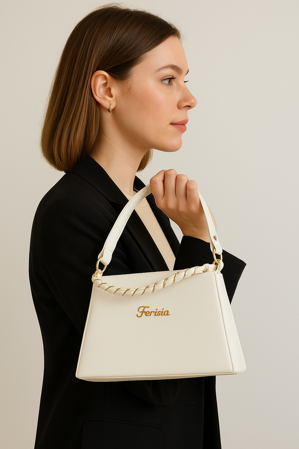 Ferisia Luxe Arc Handbag – Pearl White Edition