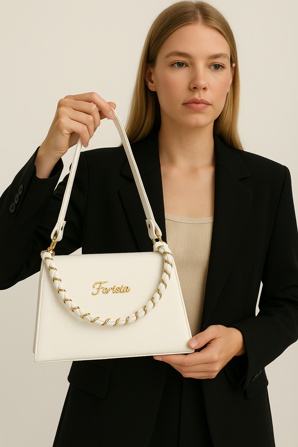 Ferisia Luxe Arc Handbag – Pearl White Edition